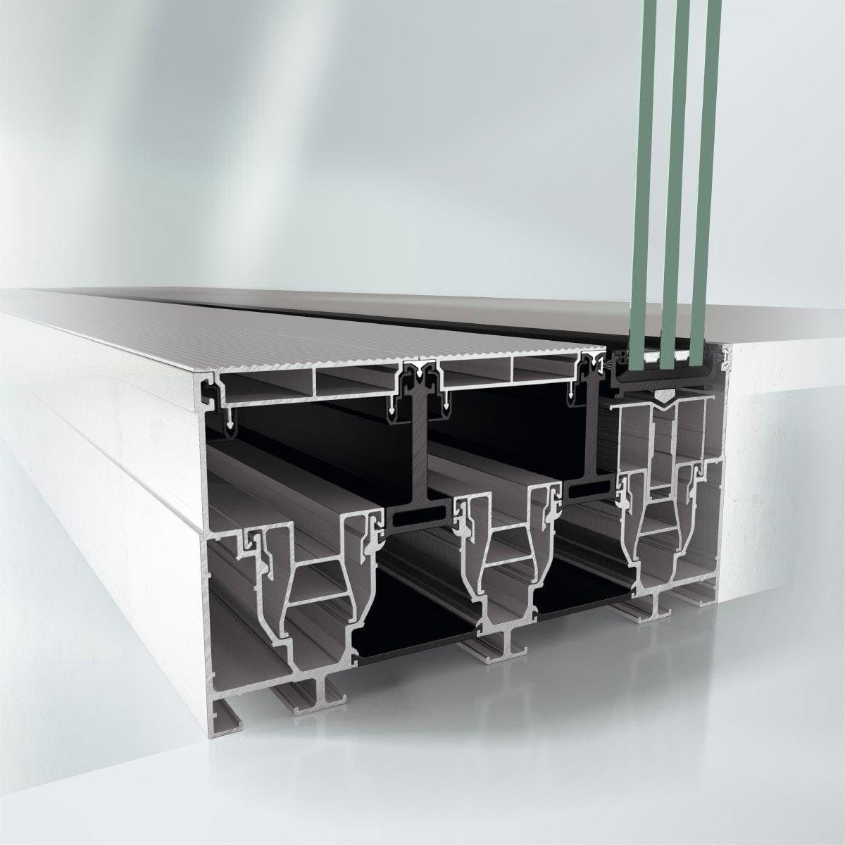 Coupe technique d'un profilé coulissant aluminium Schüco à rupture de pont thermique