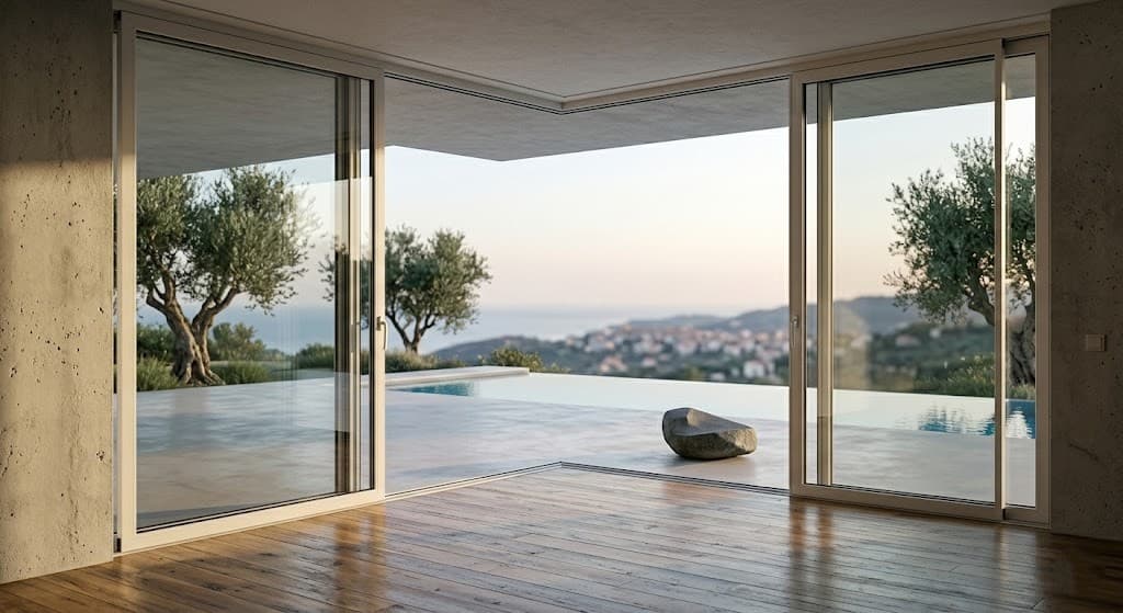 Baie vitrée coulissante en aluminium ouvrant sur le jardin
